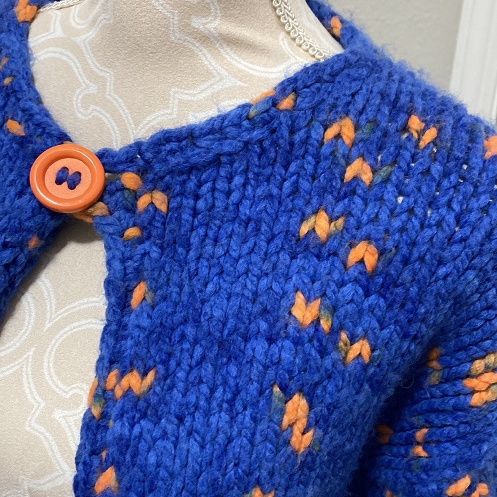 Hand crocheted knitted blue orange open wool thick cardigan Small Blue Orange - Picture 2 of 11